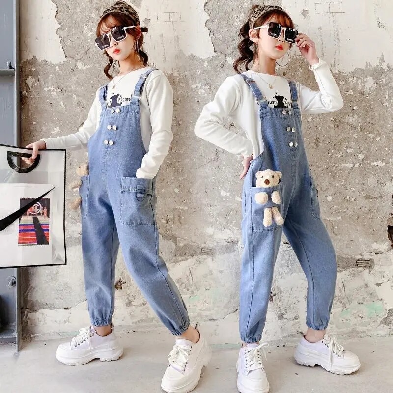 Holidaykids Quần Yếm Vải Denim Gấu Cho Bé Gái 2021, Áo Sơ Mi Mặc Lót Trẻ Em Lớn Phiên Bản Hàn Quốc Bộ Đồ Hai Mảnh AHFS1167