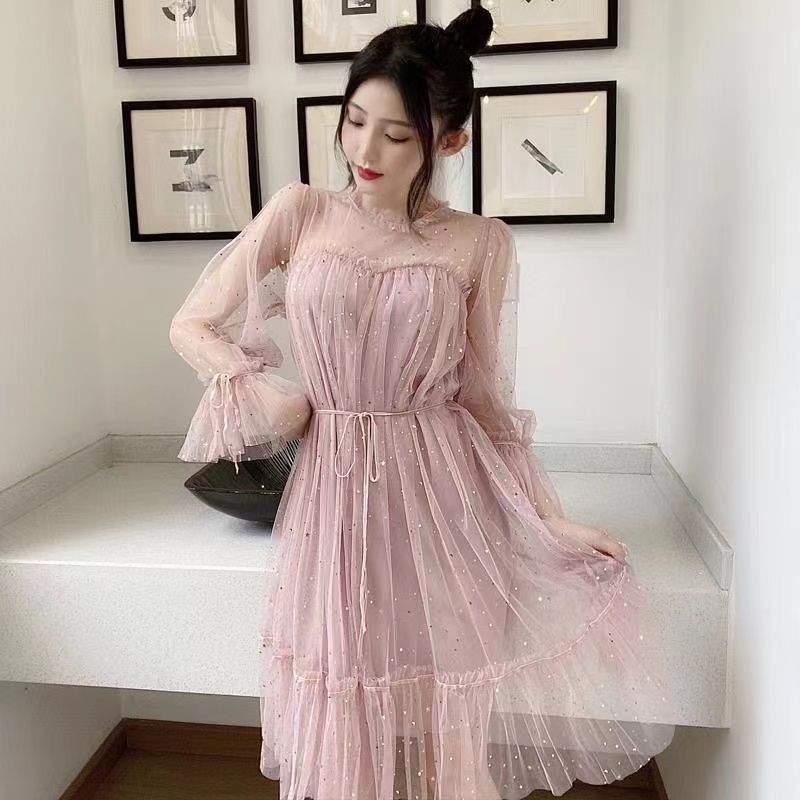 Maobei sweet and shiny stars sparkling net gauze dress for women Korean  loose sequins lace-up bow mid-length skirt | Lazada PH