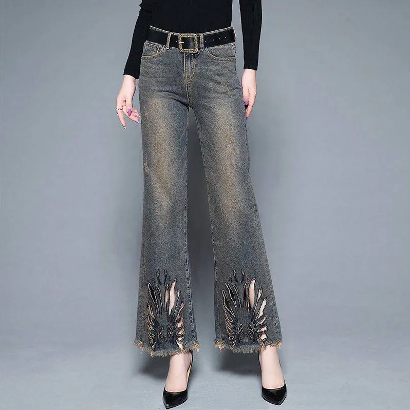 Fairytaill Mùa Xuân Womens Thời Trang Thêu nữ cạp cao Của quần jean rộng Baggy Phụ Nữ Capris Quần Jean quần jeans cạp cao Quần Quá Khổ 201j080