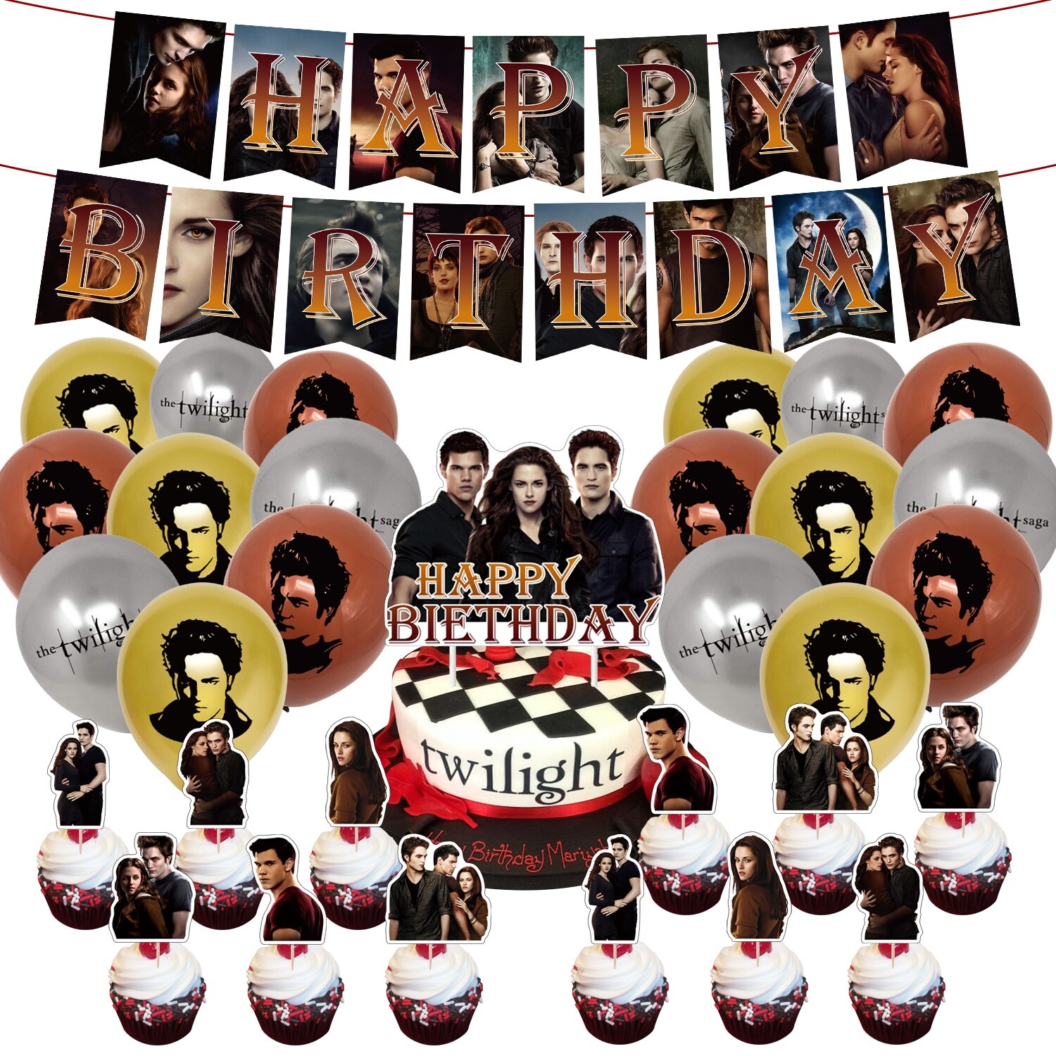 【koko party supplies】 46pcs Twilight Movie Theme Banner Happy Birthday Party Decorations Balloon Cake Topper Flag Ball Vampire for Boy Girls Supplies