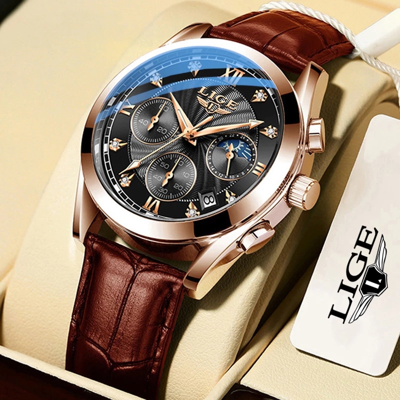 LIGE Mới Đồng Hồ Nam ngày Thể thao quân sự da đồng hồ nam chống nước Đa chức năng Chronograph Đồng hồ thạch anh Đồng hồ cho nam Quà tặng + Hộp
