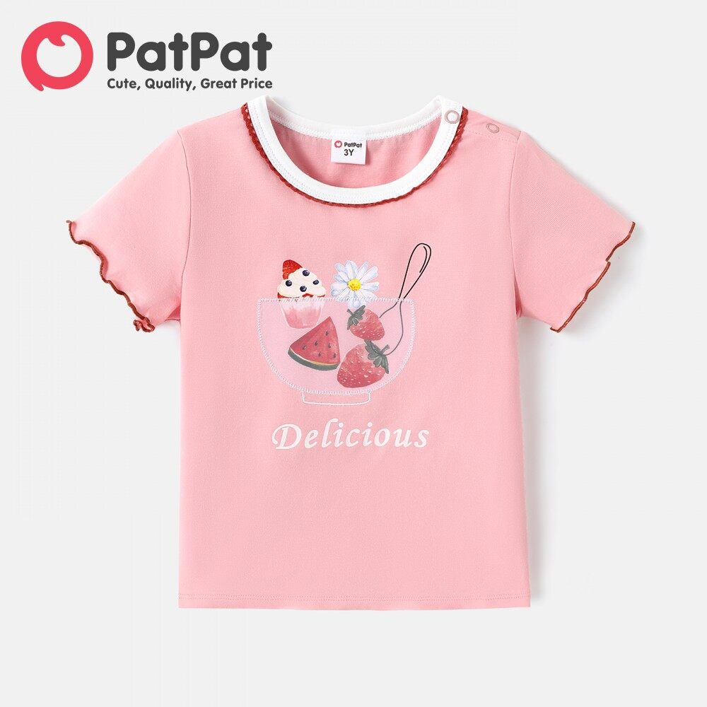 PatPat Toddler Girl Cotton Watermelon Print Lettuce Trim Short-sleeve Tee