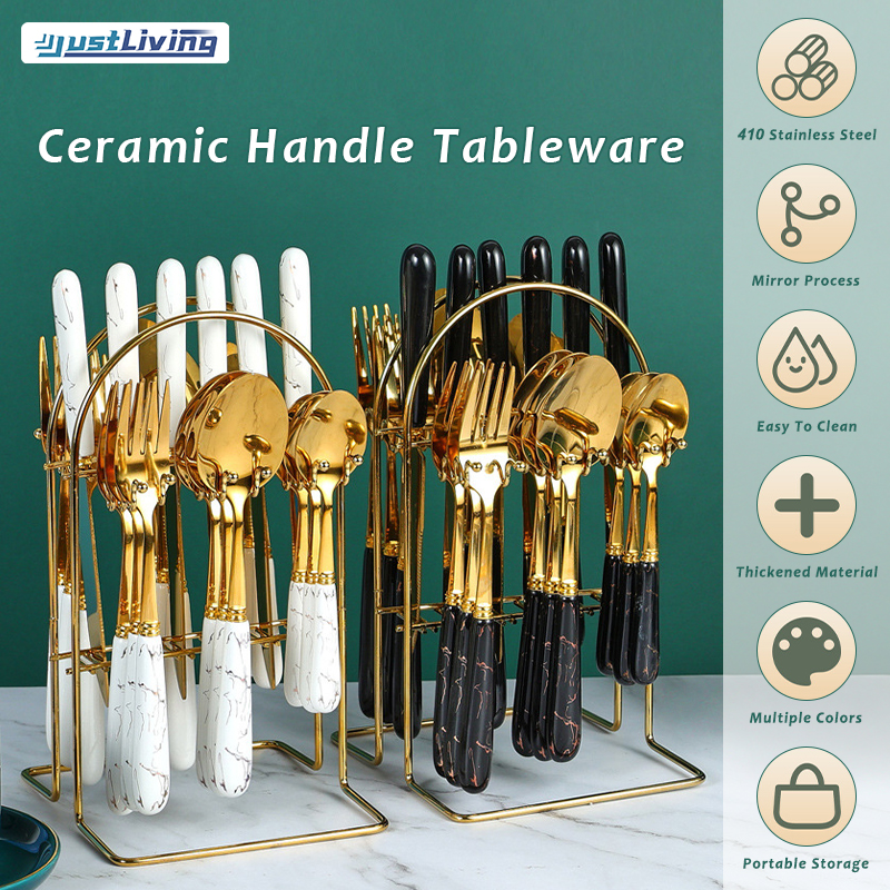 JustLiving 24pieces/set Ceramic Porcelain Handle Stainless Steel Cutlery Set with Organizer Hanger Stand–European Style Kitchen Dining Spoon Tea Spoon Fork Dinnerware Tableware ราคา 311 บาท*ส่งฟรี
