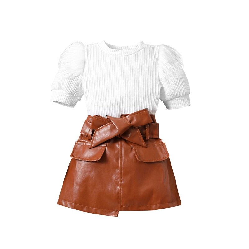 Kid Girl Clothes, Short Sleeve Round Neck Velvet Knitting Tops + Leather Short Skirt with Belt