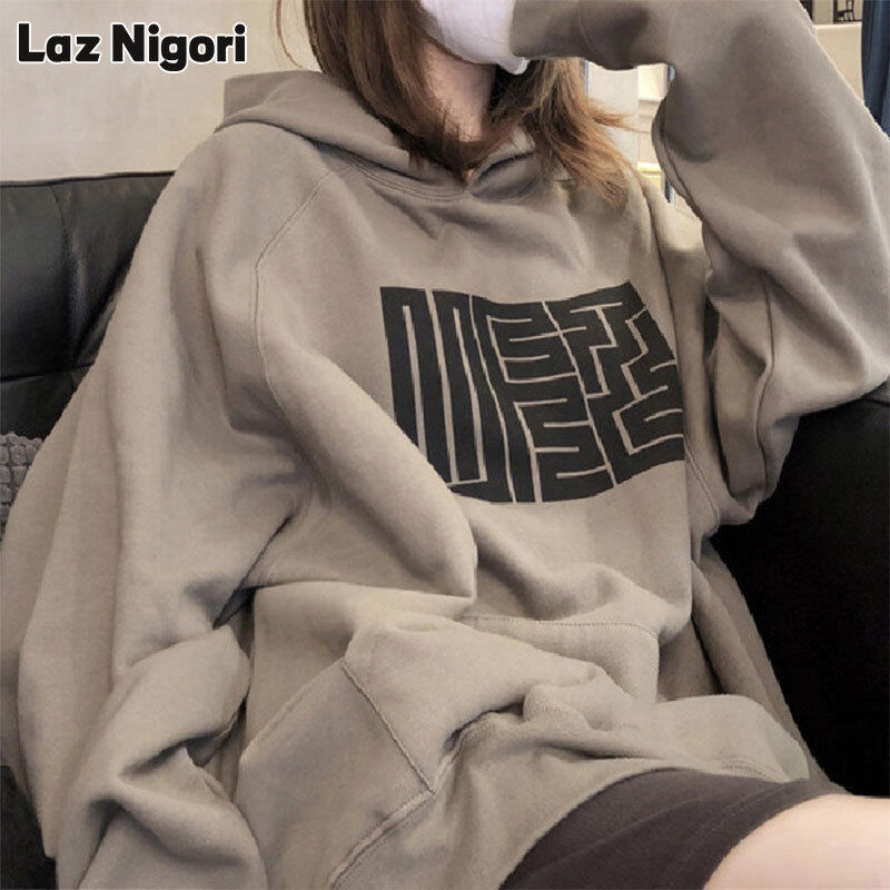 Laz nigori áo nỉ nữ cổ điển áo hoodie in hình học sinh phong cách hàn quốc mới áo khoác dáng rộng