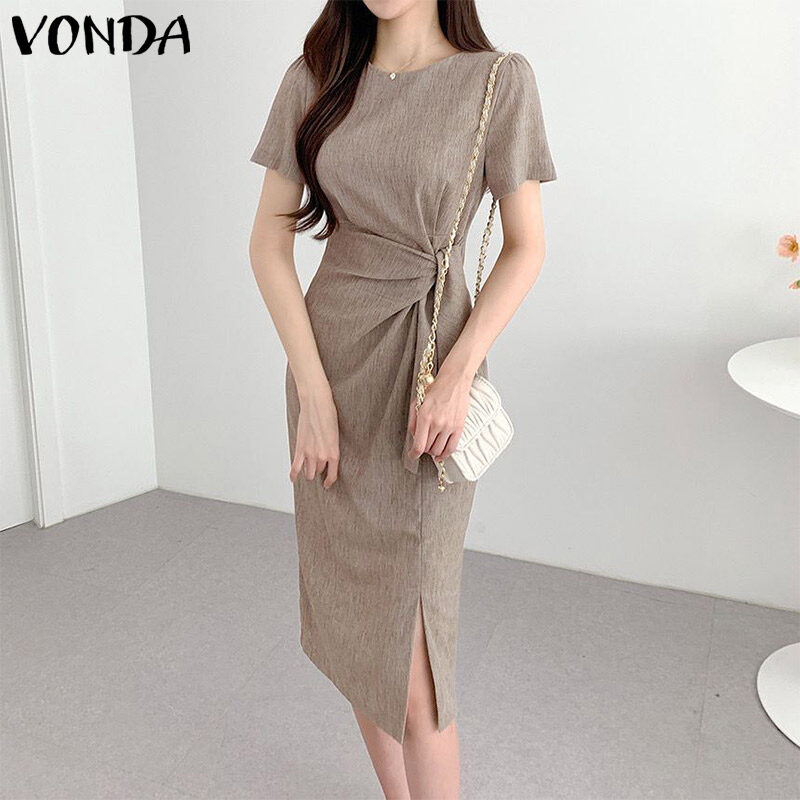 VONDA Women's Commute Split Hem Midi Dresses Versatile Crew Neck Collect Waist Short Sleeve Dress (Korean Causal)