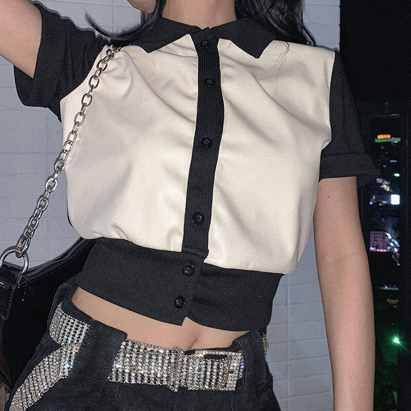 Moderntime Áo Tay Ngắn Kiểu Gothic Nữ Mùa Hè Phong Cách Tiktok Áo Thun Hở Rốn Có Ve Áo Nối Hai Màu Thời Trang Cho Nữ, Áo Sơ Mi Cơ Bản Thường Ngày Cho Nữ