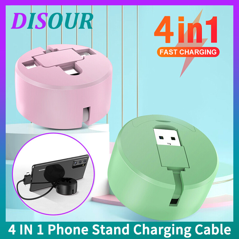 Disour original xách tay 4 trong 1 nhanh cáp sạc giá đỡ điện thoại dữ liệu cáp sạc có thể thu vào có thể điều chỉnh micro loại usb-c sét cho iphone xiaomi huawei samsung redmi cho ios android 3 trong 1