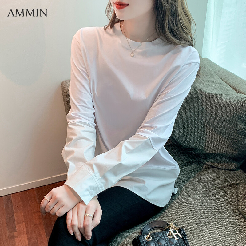 AMMIN Áo Thun Cotton Trắng Khâu Cá Tính Thời Trang Cổ Tròn Đơn Giản Phong Cách Hàn Quốc Áo Cánh Nữ Thanh Lịch Thoải Mái Và Đa Năng Xuân Thu 2022 Cho Nữ
