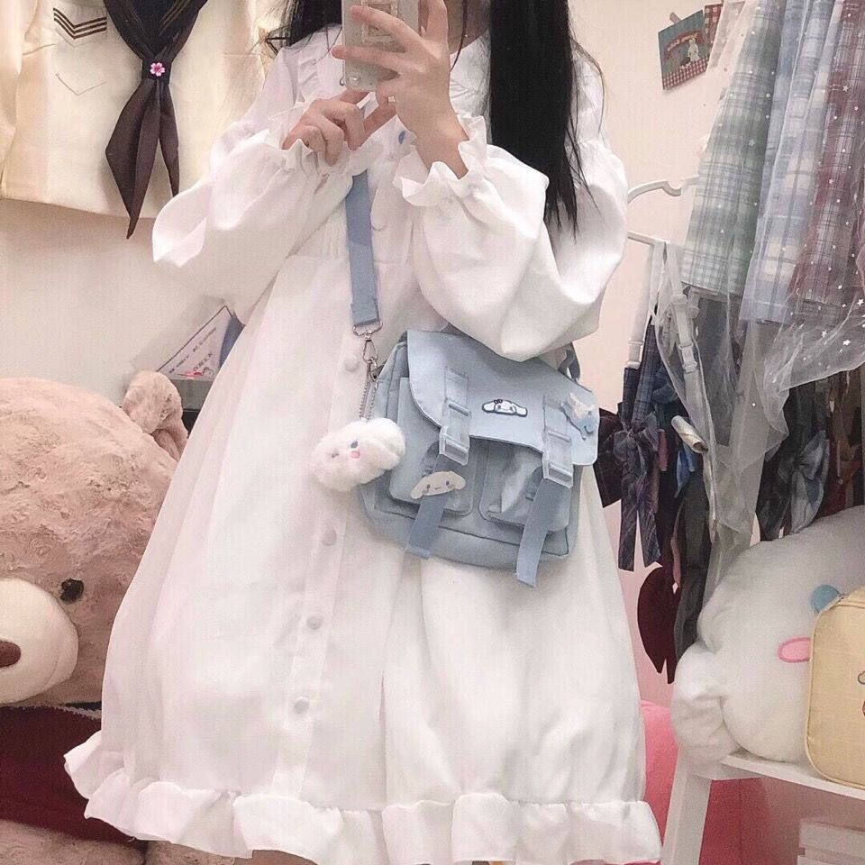 Lolita soft girl fairy dress spring Japanese style soft girl doll collar lace up ruffled dress cute female