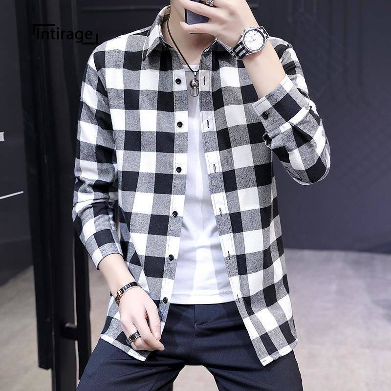 Intirage áo sơ mi kẻ ô giản dị mùa thu đen trắng áo sơ mi kẻ ô nam dài tay thời trang hàn quốc quần áo mặc áo sơ mi nam