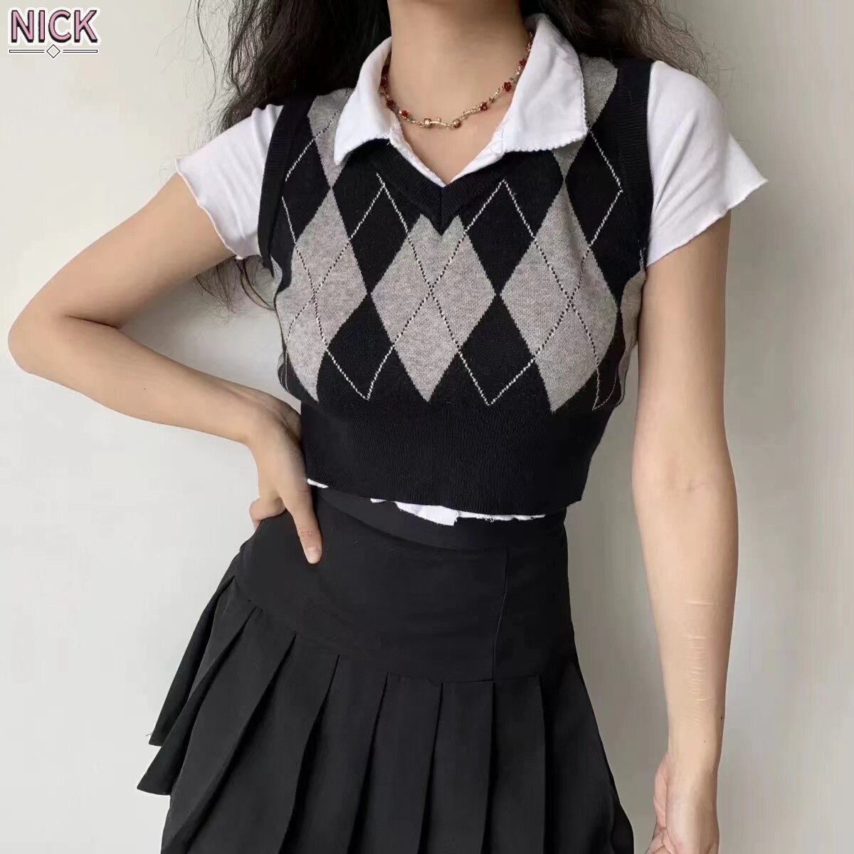 Nick áo gi-lê dệt kim cho nữ áo gi-lê dệt kim kim cương màu tương phản cổ điển áo gi-lê áo không tay cổ chữ v phong cách preppy cho nữ
