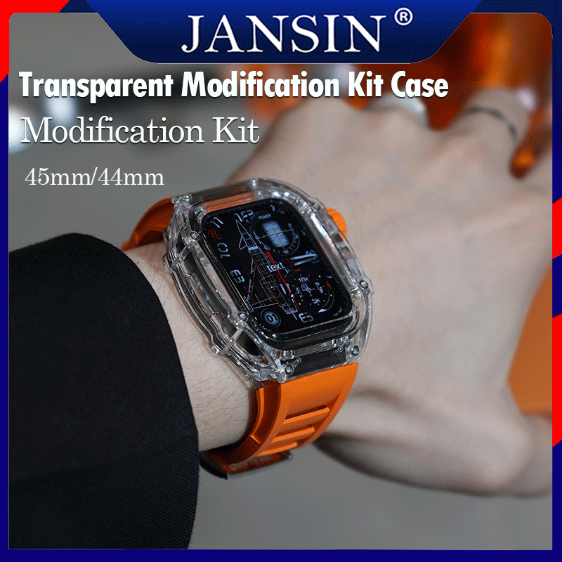 Luxury Transparent Case Fluororubber Strap compatible with Apple Watch Series 8/7 45mm For i Watch SE 6 5 4 44mm Rubber Band Modification Kit For i Watch Ultra 49mm ราคา 3,442 บาท*ส่งฟรี
