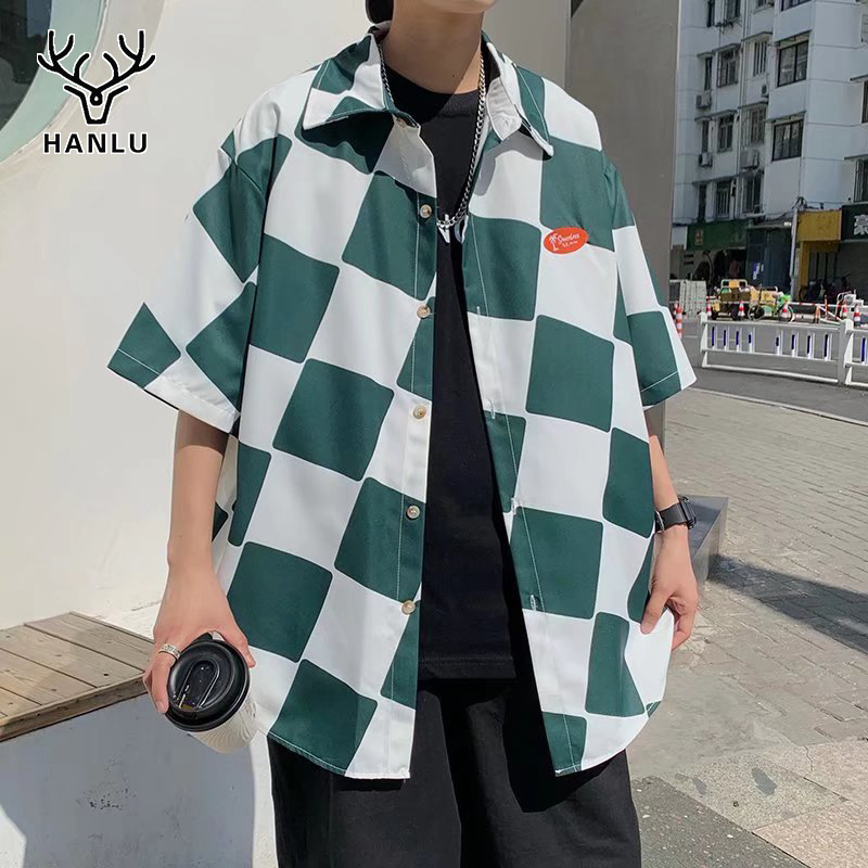 Hanlu áo sơ mi kẻ sọc ngắn tay cho nam áo sơ mi kẻ sọc áo sơ mi ngắn tay kẻ sọc phối màu retro mỹ cho nam áo sơ mi thường ngày ngoại cỡ hip hop thương hiệu thời trang cho nam và nữ