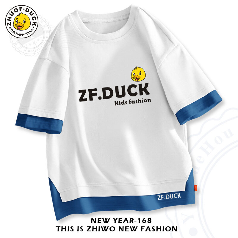 ZF.DUCK Cartoon T-shirt for Boys Girls Children's Summer Short-sleeved Drop-shoulder T-shirt Fake Two Pieces of Clothing Loose Half-sleeve 0000 - 1
