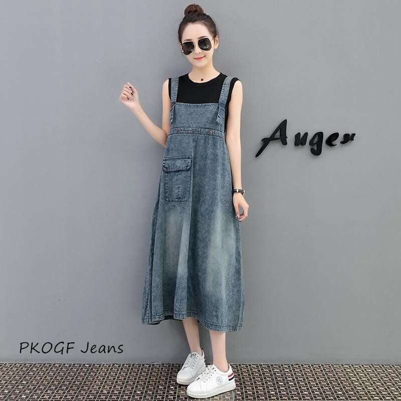 Váy dây đeo cỡ lớn cho nữ, quần áo yếm Denim dáng rộng, cỡ lớn, mỏng, mặc thường ngày, váy dài quá khổ cho bà bầu, váy sinh viên
