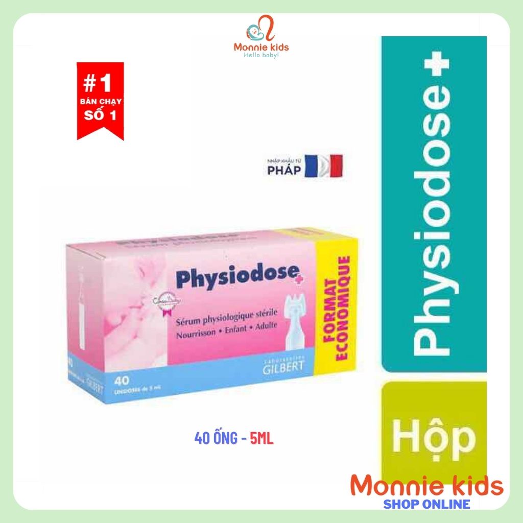 Nước muối sinh lý cho bé Physiodose Pháp 40x5ml nước muối vệ sinh tai mắt mũi - Monnie Kids