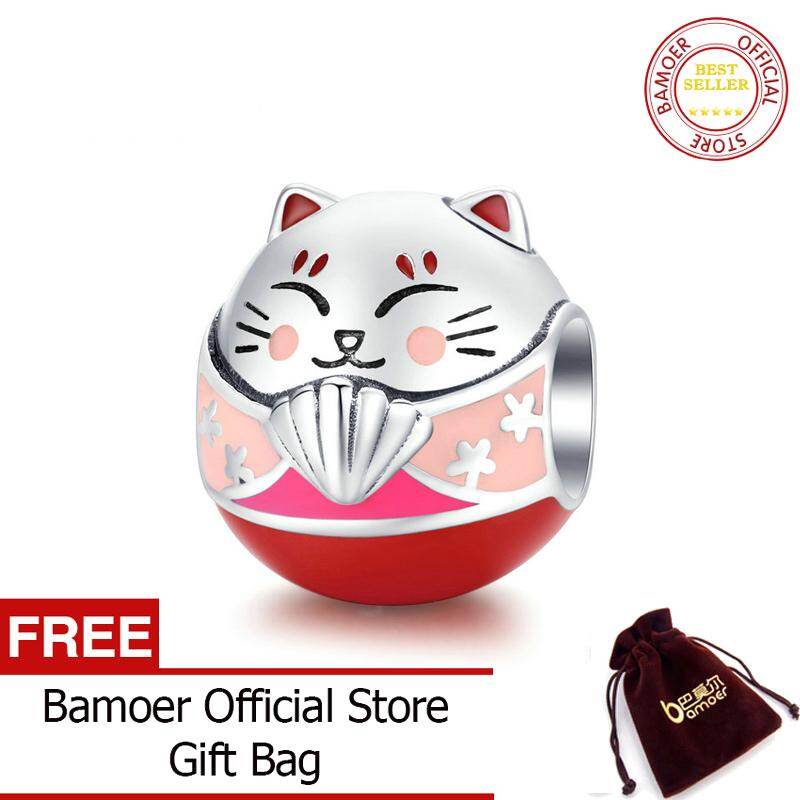 BAMOER Hạt Kim Loại Tròn Hình Mèo Kitty Nhật Bản Cho Nữ Charm Vòng Tay Nguyên Bản Bằng Bạc 925 Trang Sức Tự Làm Tráng Men Vui Nhộn SCC1341
