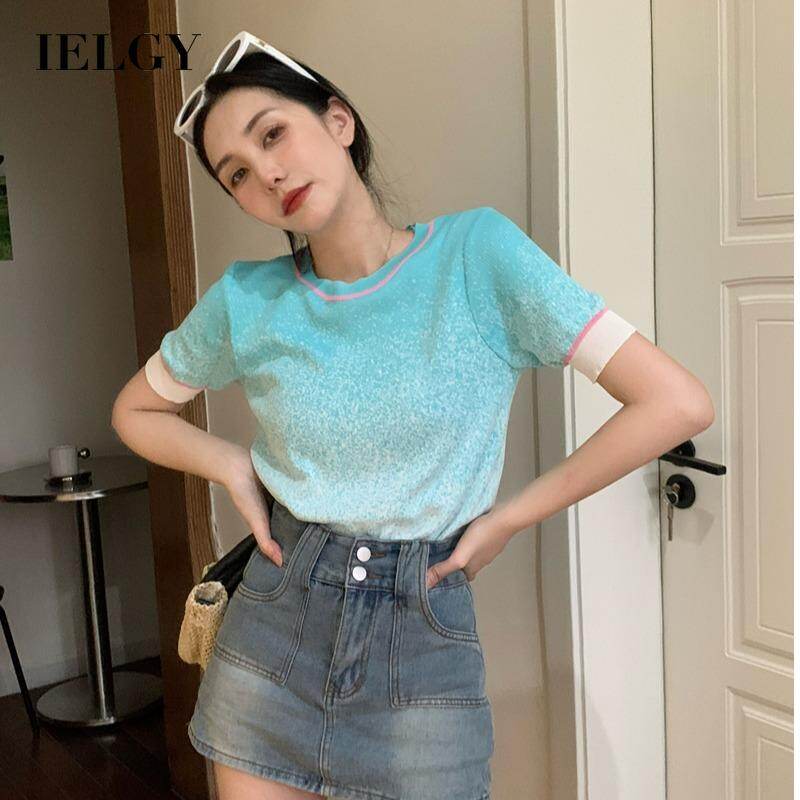 Ielgy áo thun tay ngắn màu chuyển sắc cổ tròn dáng ôm cho nữ