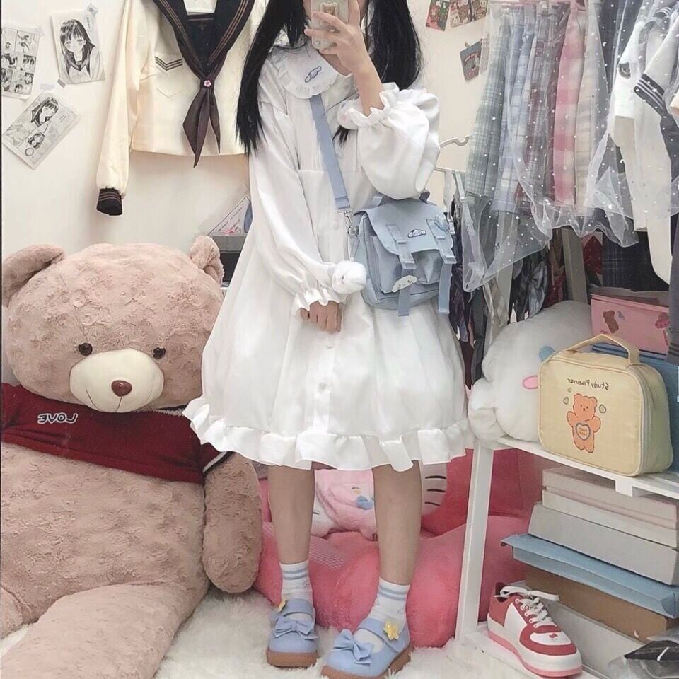 Lolita soft girl fairy dress spring Japanese style soft girl doll collar lace up ruffled dress cute female