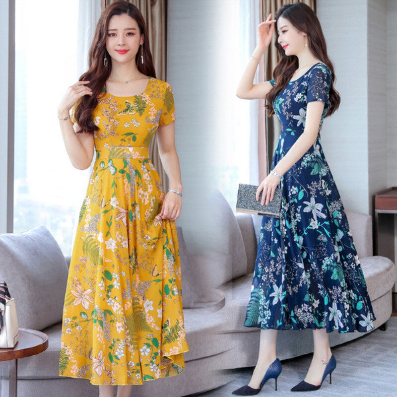 Zhu Xia    Women's short-sleeved temperament is thin floral round neck mid-length dress