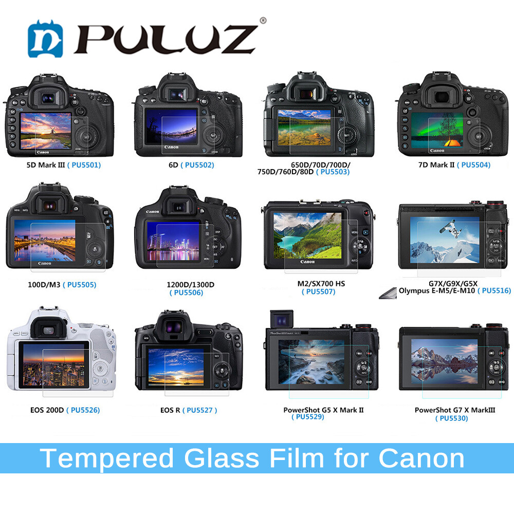 PULUZ 2.5D Cạnh Cong 9H Bề Mặt Kính Cường Lực Miếng Bảo Vệ Màn Hình Cho Canon 1200D 1300D 650D 70D 700D 750D 760D 80D EOS200D 100D G7X, G9X, G5X, E-M5, E-M10 M2 SX700 HS G5X EOS R