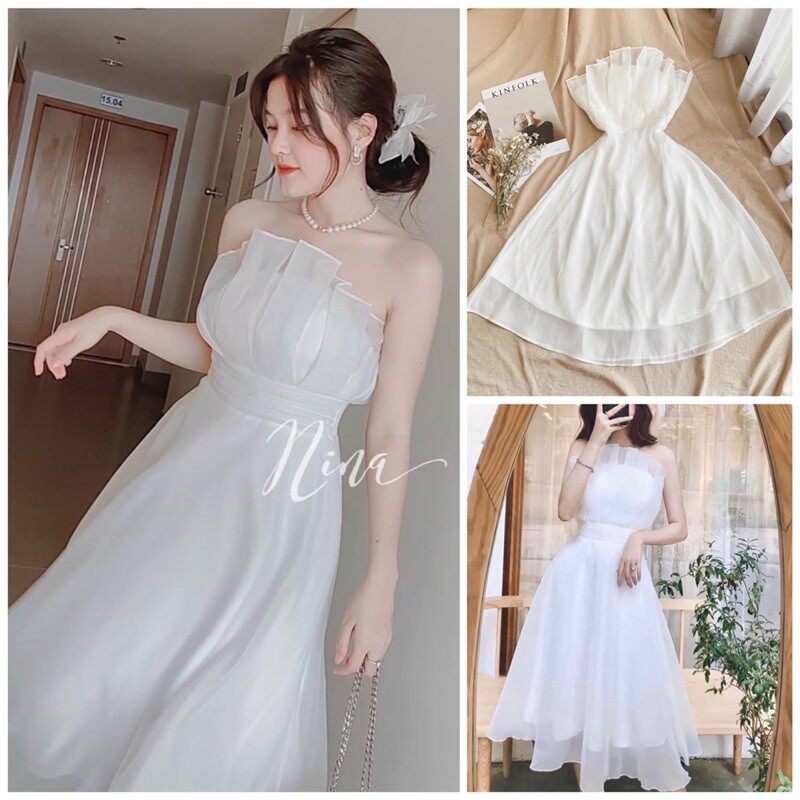 Đầm trắng ống cúp ngực xếp ly bo eo