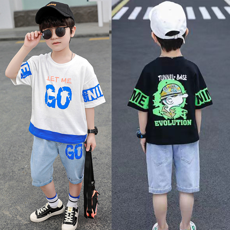 DIIMUU Thời trang mùa hè Trẻ em trai 3-11 tuổi Bộ quần áo áo thun tay ngắn + quần denim Bộ quần áo trẻ em bé trai in hoạt hình Trang phục trẻ em