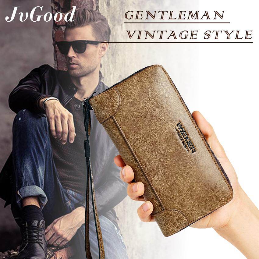JvGood Bifold Long Wallet  Retro Fashion PU leather Zipper Coin Purse Card Holder Wallet for Men Business