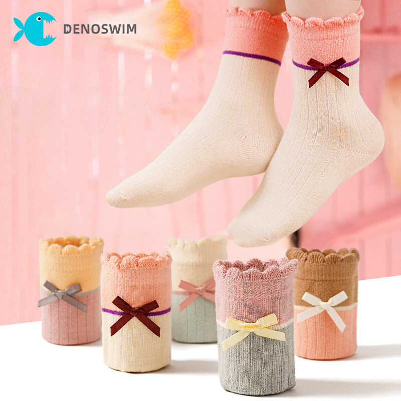 DENOSWIM 5 Pairs Baby Bow Socks Kids Flower Mid Tube Socks Cute Elegant
