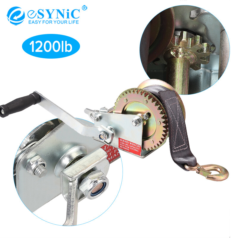 Esynic dây đai tời tay thủ công nặng 8m 1200lb, móc puller thuyền trailer