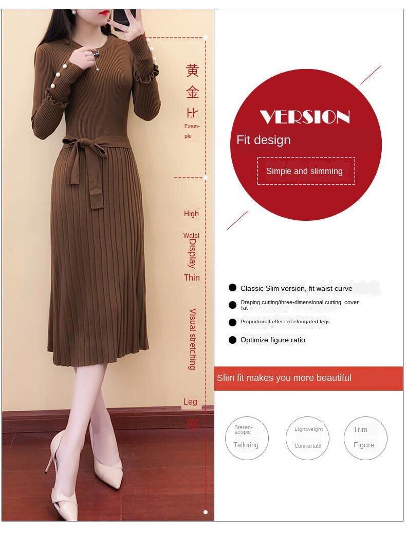 2020 spring new women's long knitted dress long sleeve sweater dress autumn and winter base wool skirt