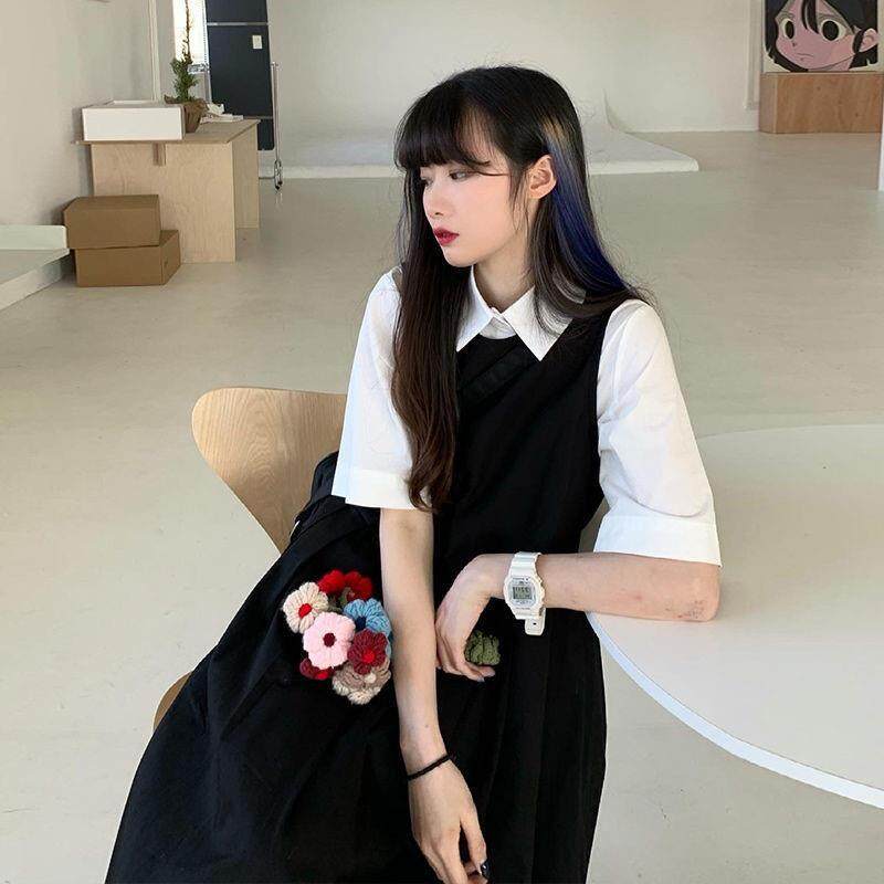 [Two sides can be worn] Korean style Japanese style mid-length suspender dress female student suspender dress summer one-piece suit