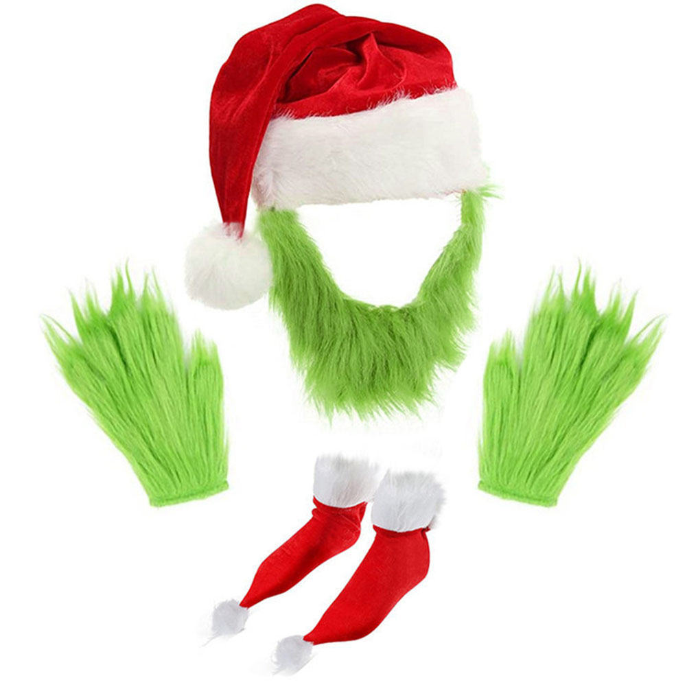 Adult Xmas Christmas Cosplay Green Plush Grinchs Santa Claus Hat With Beard