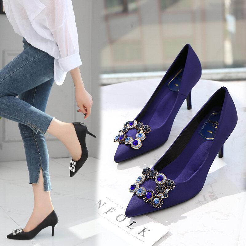 Giày Cao Gót Nữ Mũi Nhọn, Chất Liệu Sa Tanh, Kim Cương Giả, Xu Hướng Thời Trang, Dự Tiệc, Bốn Mùa