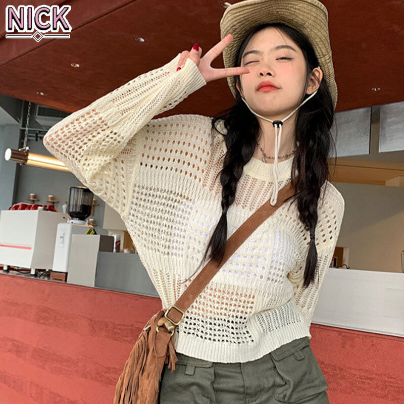 NICK Sweaters for women cutout mesh long sleeve crew neck sun protection women's korean style solid color plus size holiday top