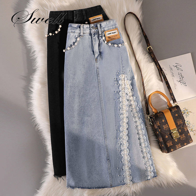 Chân váy denim ngoại cỡ chân váy ren xẻ tà đính cườm cạp cao cạp cao thiết kế thường ngày thời trang mới 2022 cho nữ