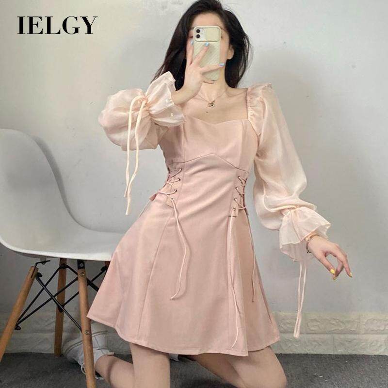 Ielgy đầm nữ cổ vuông màu hồng với eo chữ a dài tay