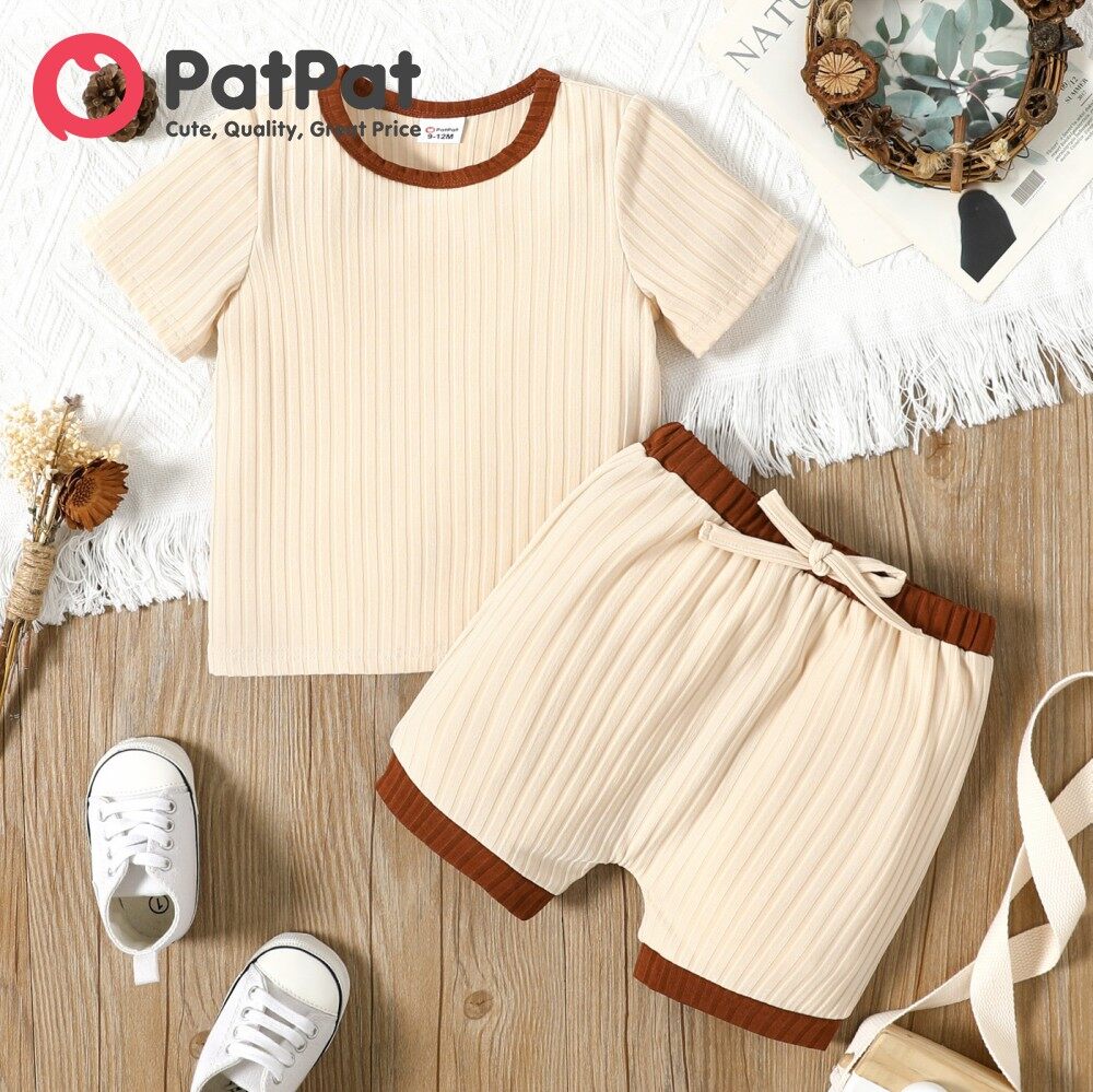 PatPat 2pcs Baby Boy Girl Solid Ribbed Short-sleeve Tee and Shorts Set