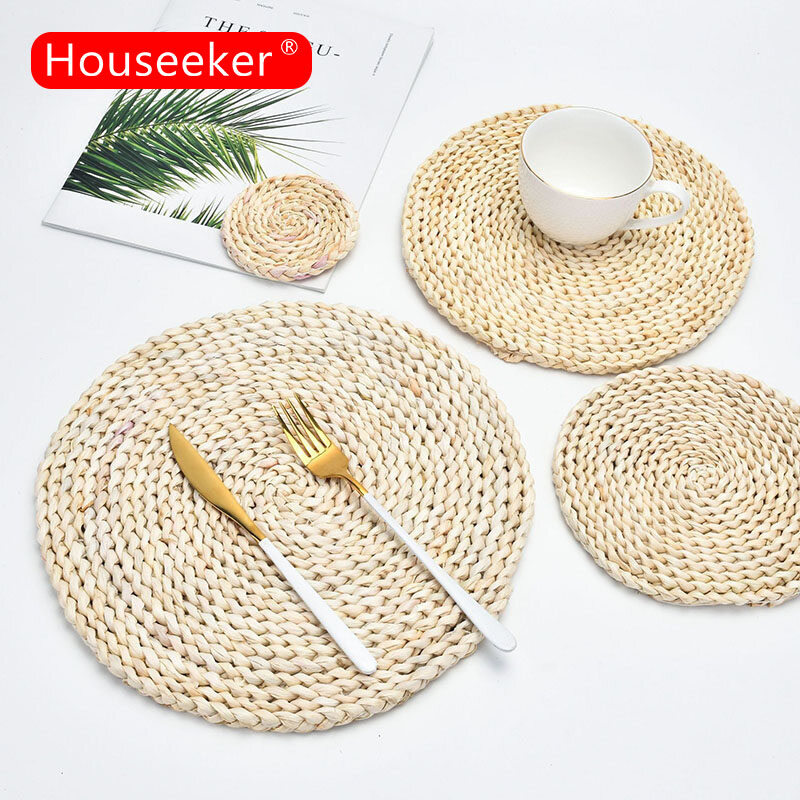 Houseeker thảm bàn ăn dệt lông ngô, đế lót ly giữ nồi cách nhiệt miếng lót cốc miếng lót bàn hình tròn miếng lót cốc
