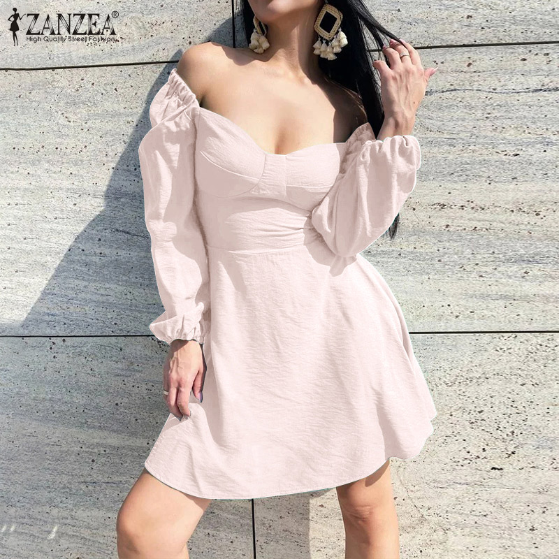 Fancystyle zanzea đầm mini cho nữ đầm chữ a trơn tay phồng trễ vai đi biển mùa hè