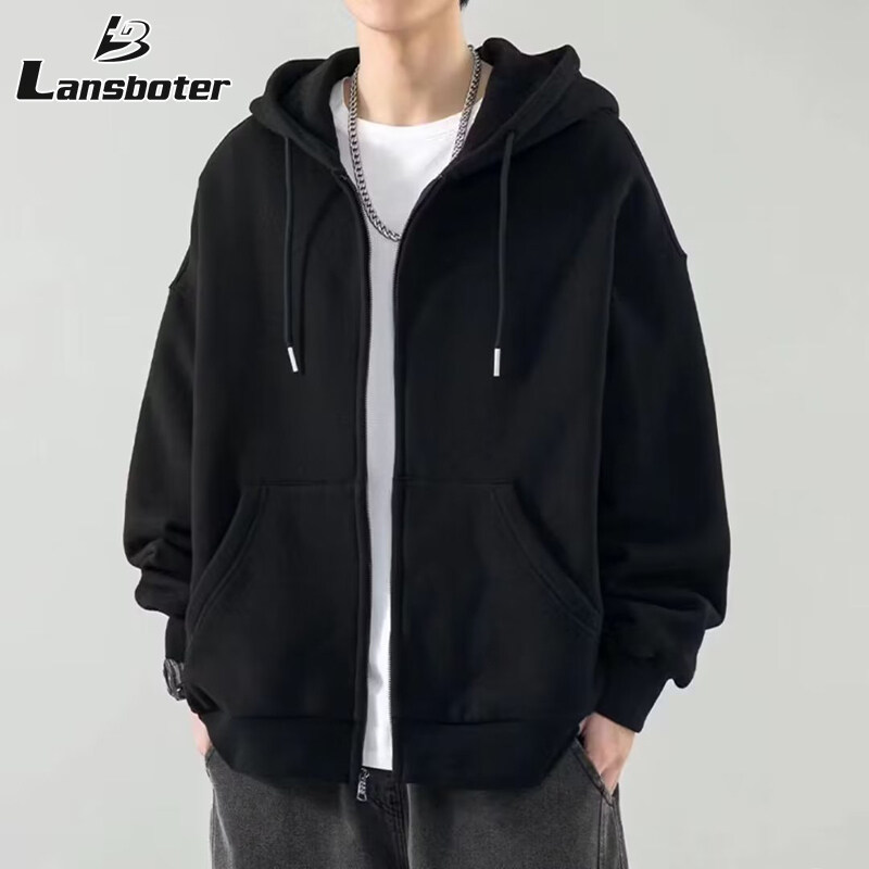 Lansboter áo khoác áo Chui Đầu Có Mũ đơn giản rộng của Nam Khoá Kéo không Áo Hoodie lông cừu