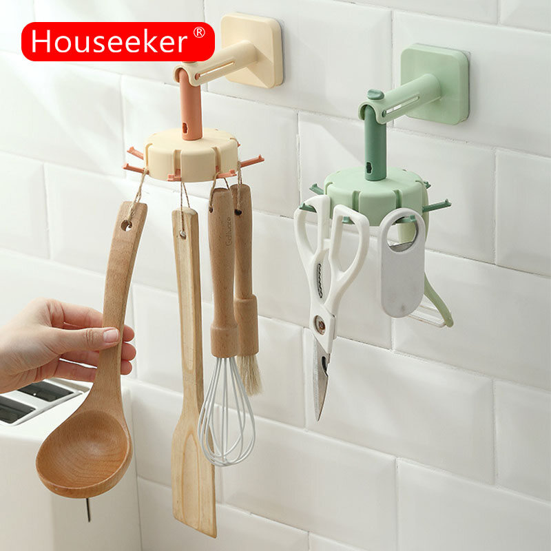 Giá để đồ dùng xoay 360 ° houseeker với 6 móc, giá treo dụng cụ nhà bếp phòng tắm, cửa tủ kệ