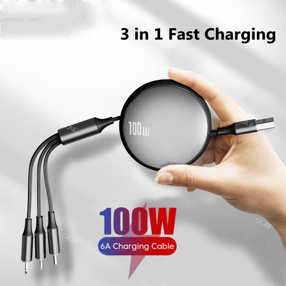 6a 100w 3in 1 cáp sạc usb cáp sạc nhanh cho iphone huawei di động có thể thu vào 3 trong 1 type c cáp truyền dữ liệu
