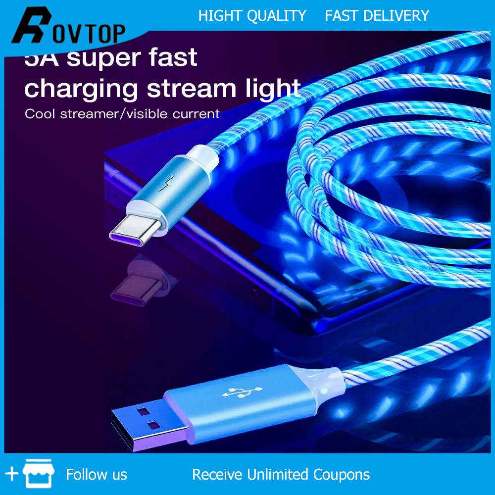 Rovtop Cáp Sạc Nhanh 5A Đèn LED Phát Sáng Chảy Cho Cáp Sạc MicroUSB/Type-C/iPhone Cáp USB Cáp Truyền Dữ Liệu Nhiều Màu