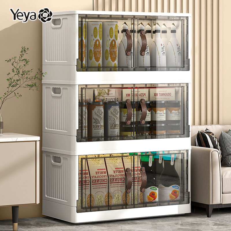 Yeya hộp đựng đồ hai cửa gấp gọn, đồ ăn nhẹ nhà bếp, tủ đựng đồ nhiều tầng, tủ đựng quần áo trong suốt bằng nhựa