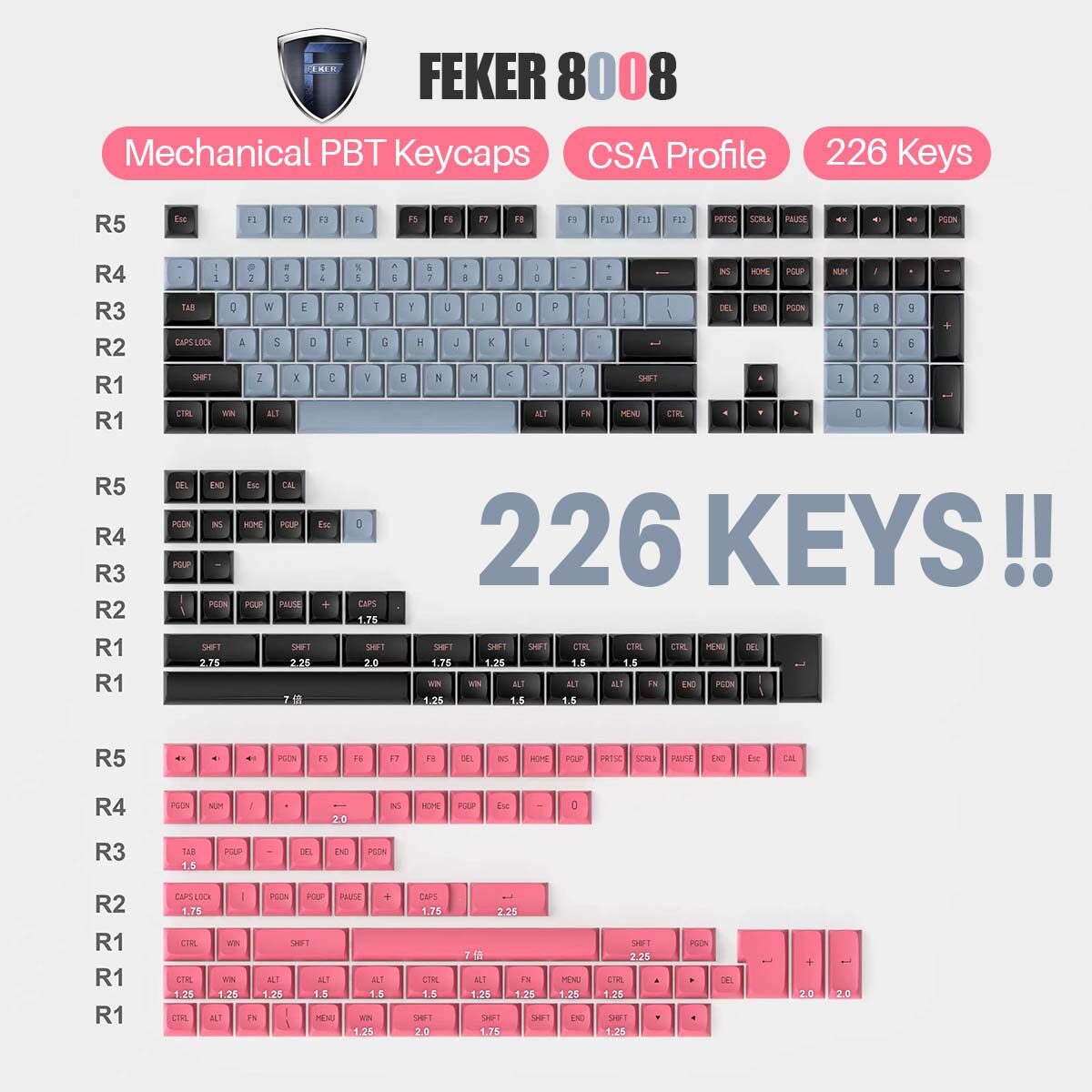  FEKER Bộ Nắp Phím Chuyển Nhiệt PBT 226 Phím Công Nghiệp Nặng Chủ Đề CSA 8008 Cho Bàn Phím Cơ Cherry MX 