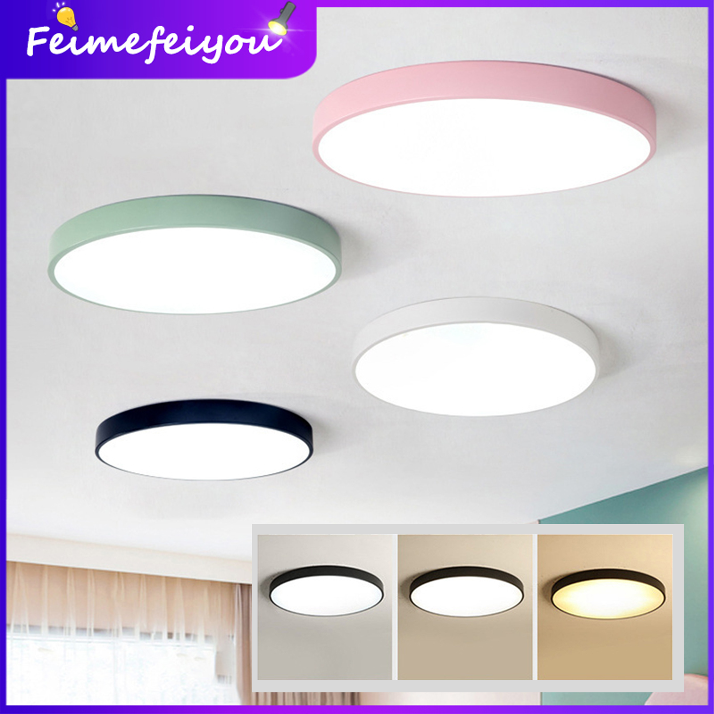 Đèn trần led đèn chính phòng ngủ đèn ba màu thấu kính đèn phòng khách tối giản siêu mỏng macaron làm mờ vô cấp