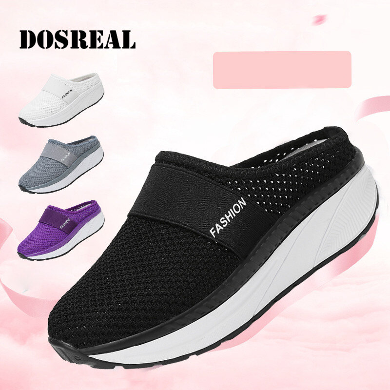 DOSREAL Wedge Slippers for women On Sale Korean Half Shoes with Heel Mesh Summer Ladies platform sandals Large Size 35-42 ราคา 591 บาท*ส่งฟรี