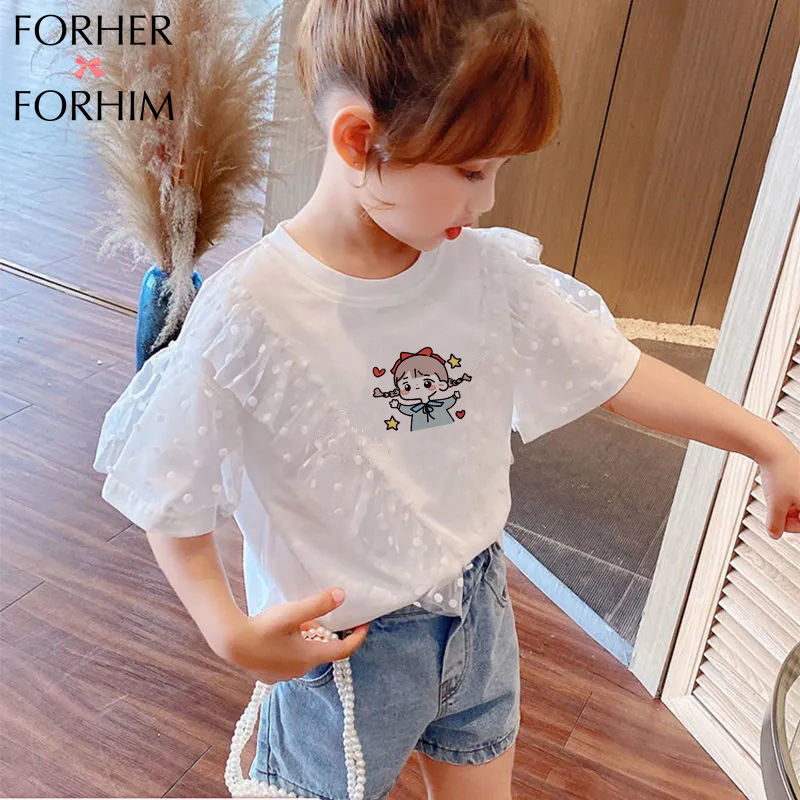 FORHERFORHIM Cotton Girls Short-sleeved T-shirt Summer New Children's Clothing Foreign-style Mesh Half-sleeved Girls' White Top FH2910 ราคา  212 บาท*ส่งฟรี